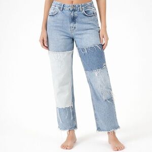 Pull & Bear Patchwork Denim Jeans Women's 6 Blue High Rise Distress Hem